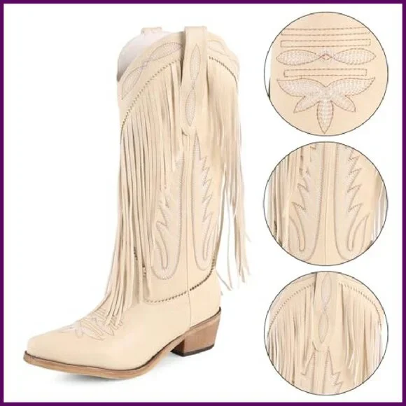 Mid Calf Cowboy Boots Women's Synthetic Leather Chunky Heel Pointed Toe